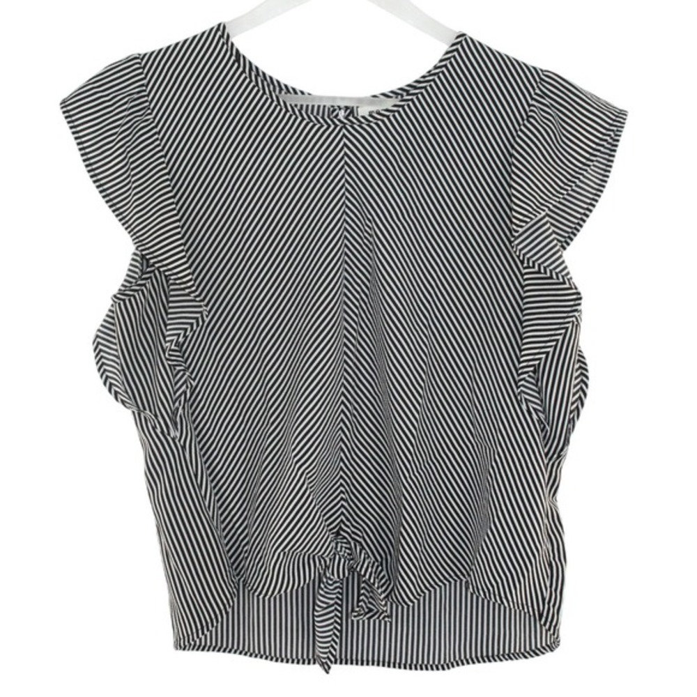 Monteau Striped Flutter Sleeve Tie Front Top‎ Large Black White 28080